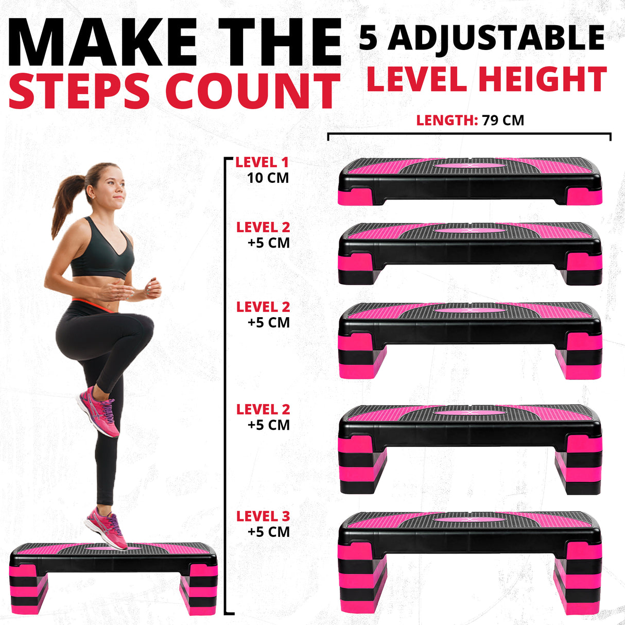 MAXSTRENGTH Adjustable Aerobic Stepper 5 Level Fitness Step (Pink/Black)