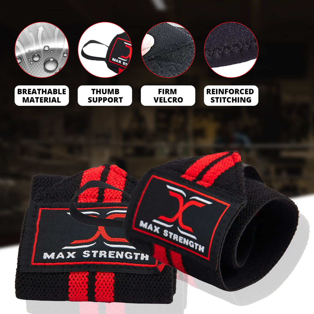  maxstrength fitness accessories, maxstrength boxing equipment,
Black and red wrist wraps with 'Max Strength' branding and feature icons on a dark background.