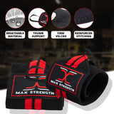  maxstrength fitness accessories, maxstrength boxing equipment,
Black and red wrist wraps with 'Max Strength' branding and feature icons on a dark background.