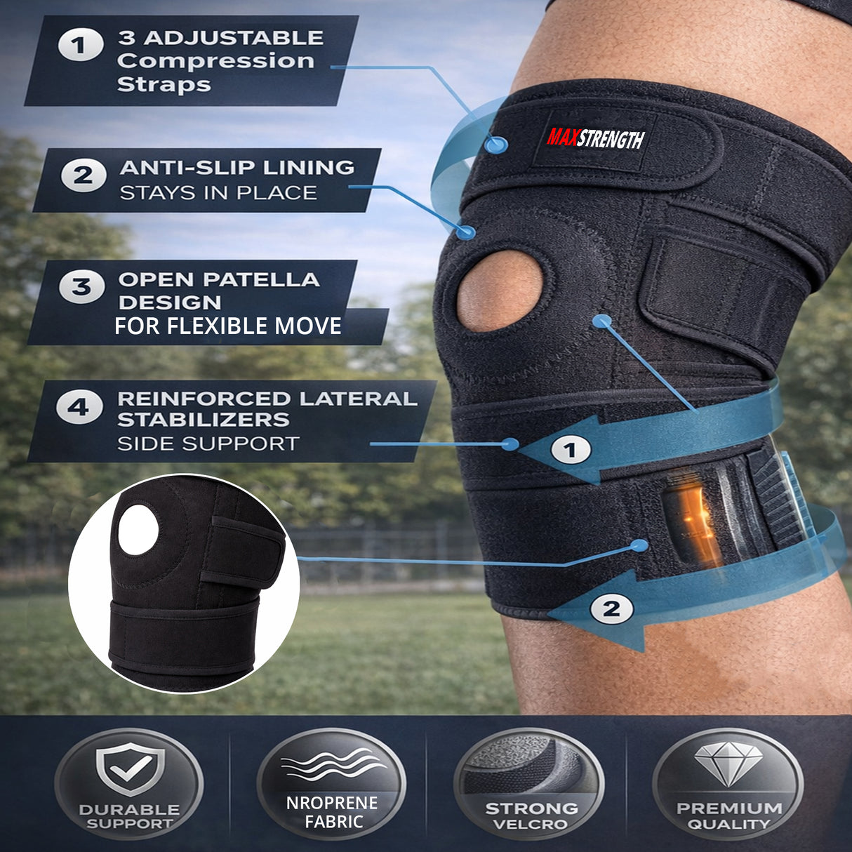 Knee Support with Open-Patella Design for Joint Pain, Sports, Injury Rehabilitation, Adjustable Knee Brace for Men Woman with 3 Straps, for Knee Circumference (33 to 50 cm) b509