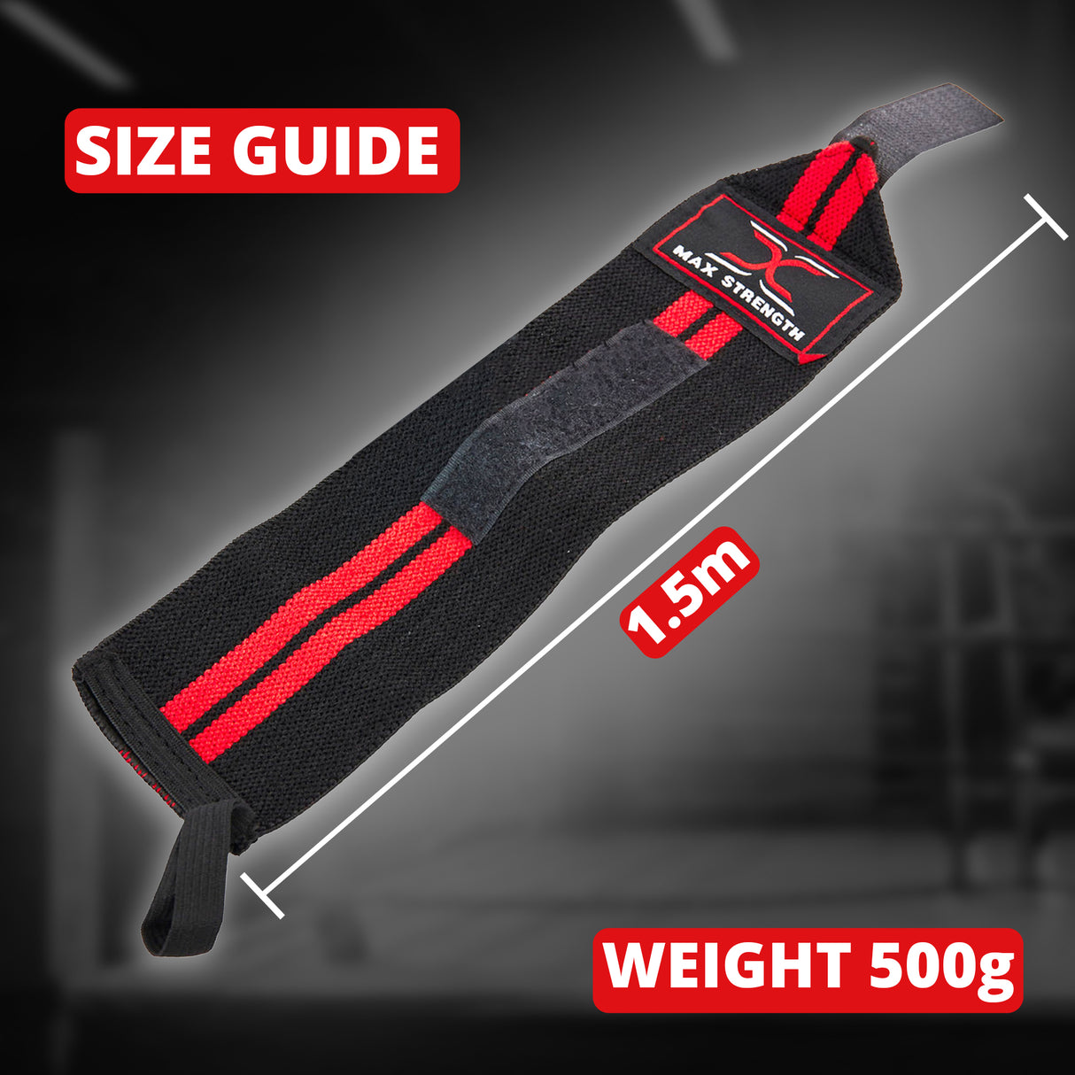  maxstrength fitness accessories, maxstrength boxing equipment,
Black and red wrist wrap with size guide and weight information on a dark background