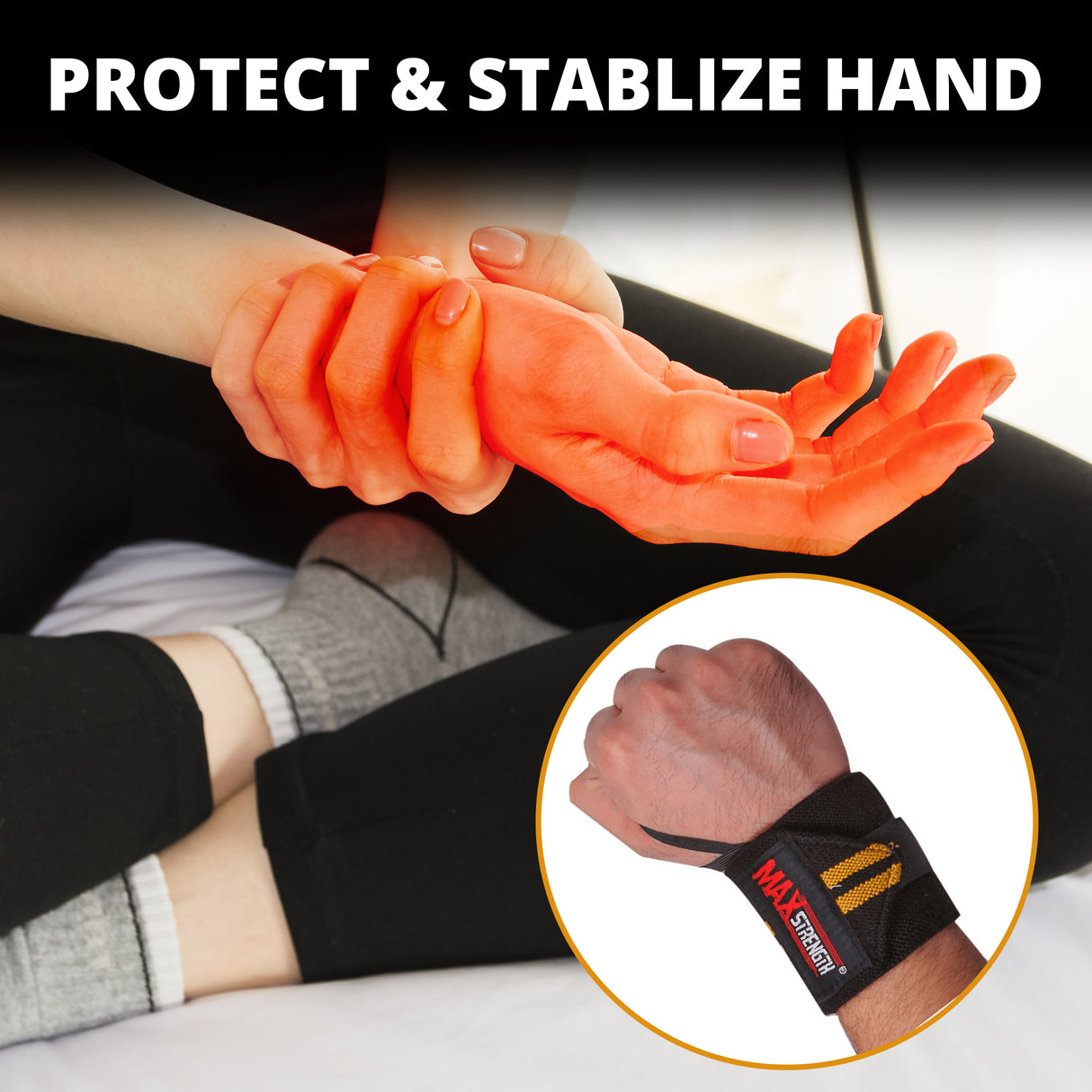  maxstrength fitness accessories, maxstrength boxing equipment,knee wrape uk, sports equipment,black and yellow knee wrape uk 
,Orange hand splints being worn on hands with a close-up of a wrist support band.