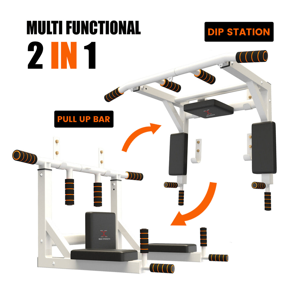 MAXSTRENGTH Wall Mounted Pull Up Bar & Dip Station White