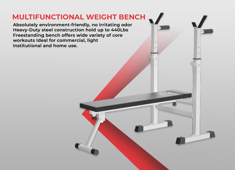 MAXSTRENGTH Adjustable Weight Bench Dip Station Barbell Rack/White