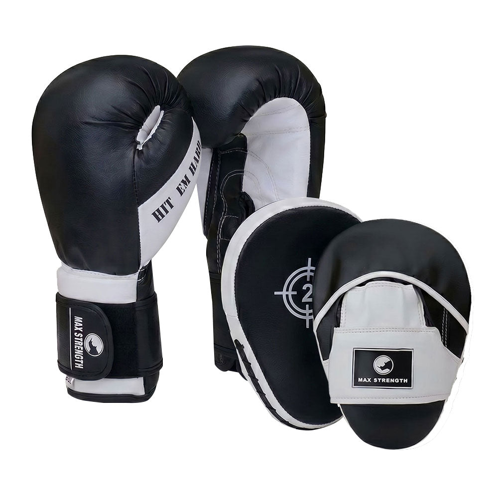 MAXSTRENGTH Boxing Gloves & Focus Pads Set – Curved Hook & Jab Mitts for Boxing, MMA, Muay Thai & Kickboxing Training