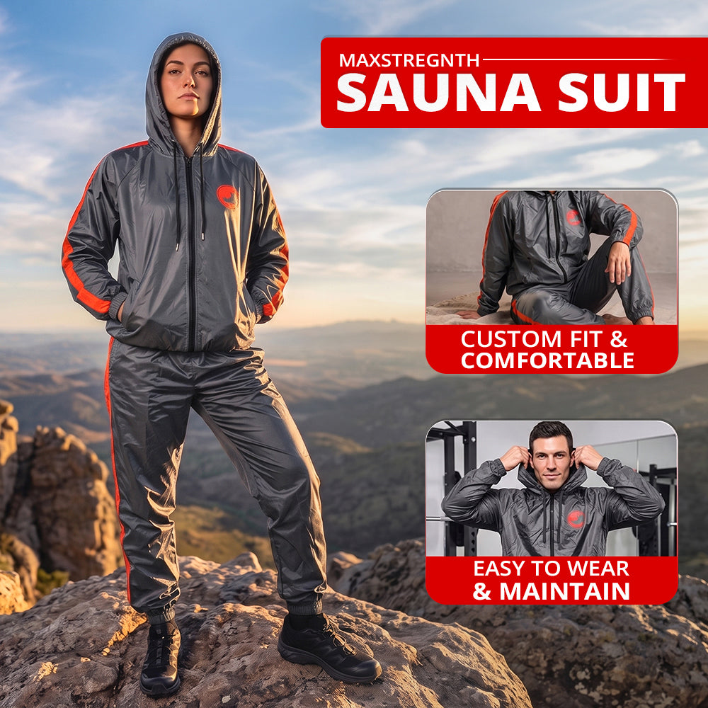 MAXSTRENGTH Sauna Suit for Men & Women | Heavy Duty Sweat Suit | Neoprene Anti-Rip Track Suit for Gym, Cardio, Running, Boxing & MMA