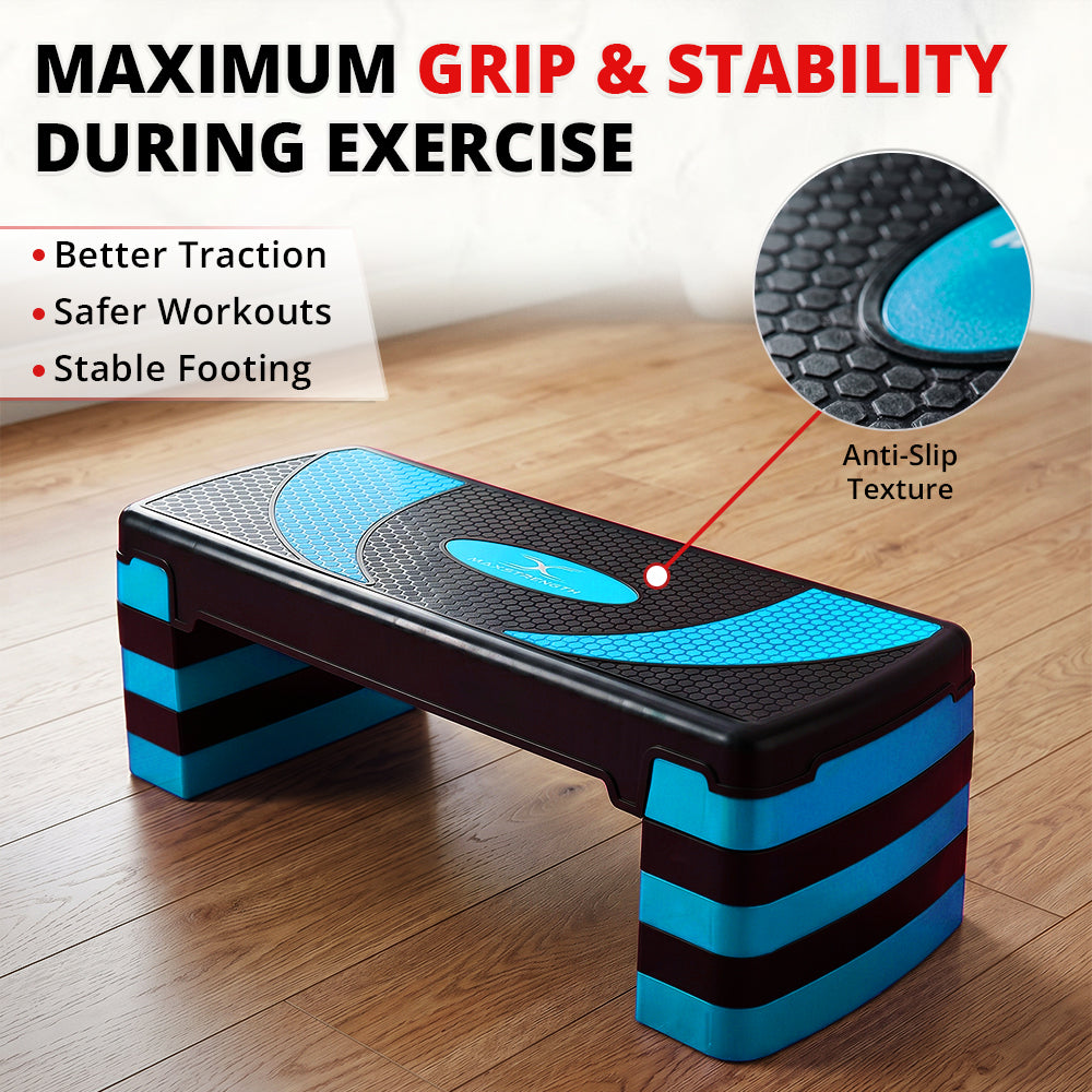MAXSTRENGTH Adjustable Aerobic Stepper –5 Level Fitness Step (Blue/Black)