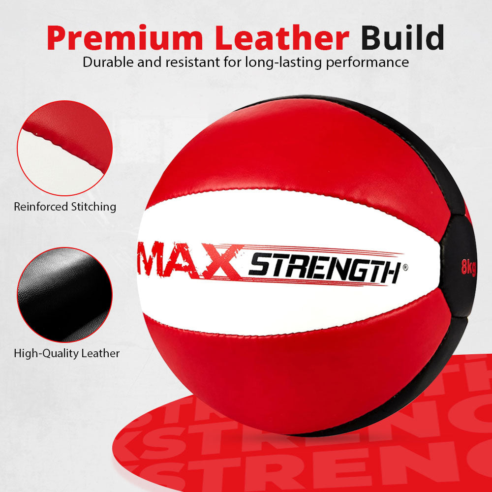 MAXSTRENGTH Leather Medicine Ball for Fitness Training | Weighted Exercise Ball for Core Strength, Balance & Conditioning | Durable Gym Medicine Ball 8kg 10kg 12kg 15kg Red/White