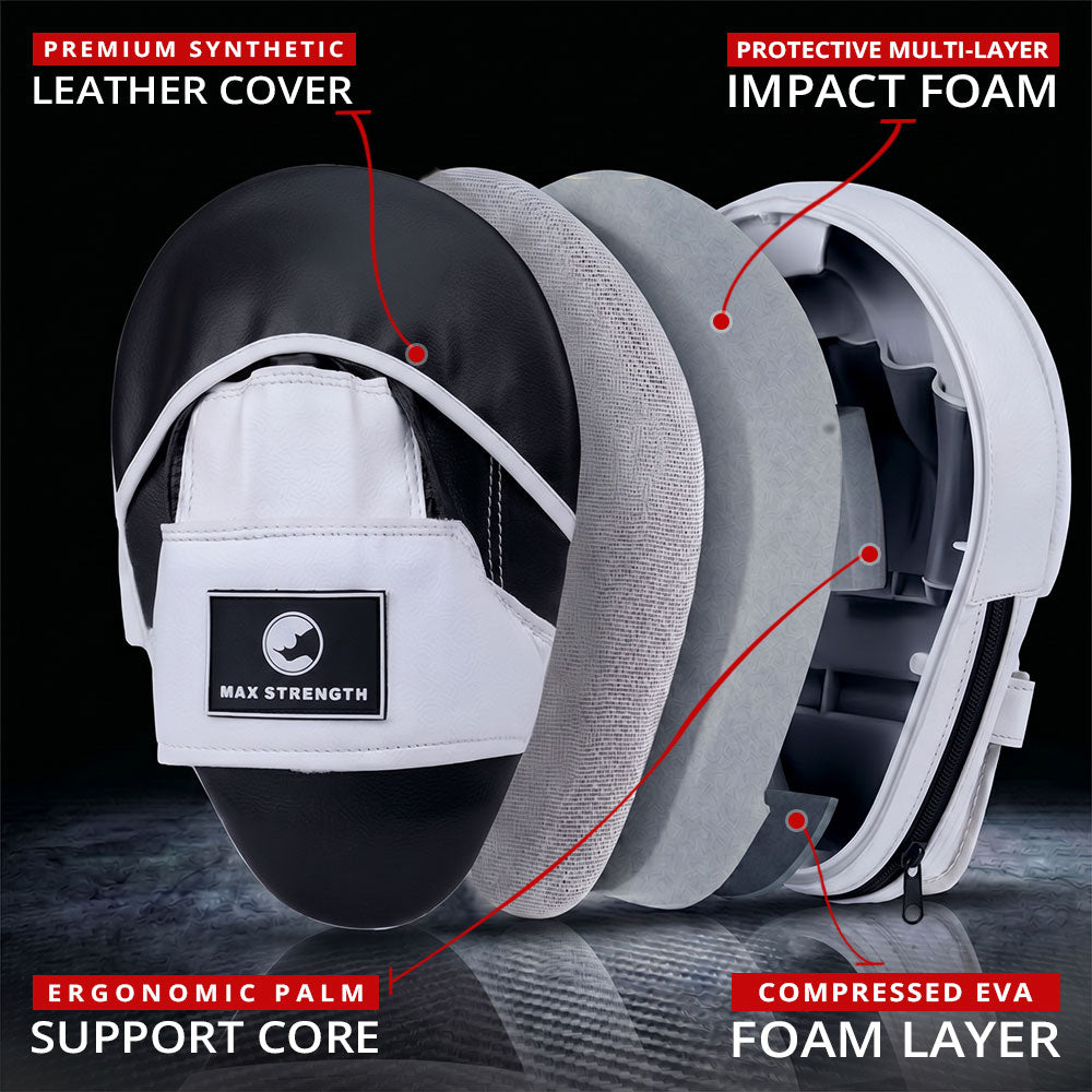 MAXSTRENGTH Boxing Gloves & Focus Pads Set – Curved Hook & Jab Mitts for Boxing, MMA, Muay Thai & Kickboxing Training