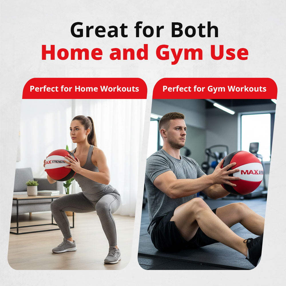 MAXSTRENGTH Leather Medicine Ball for Fitness Training | Weighted Exercise Ball for Core Strength, Balance & Conditioning | Durable Gym Medicine Ball 8kg 10kg 12kg 15kg Red/White