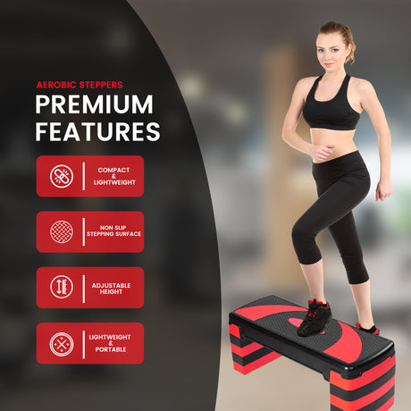 MAXSTRENGTH Adjustable Aerobic Stepper 5 Level Fitness Step (Red/Black)