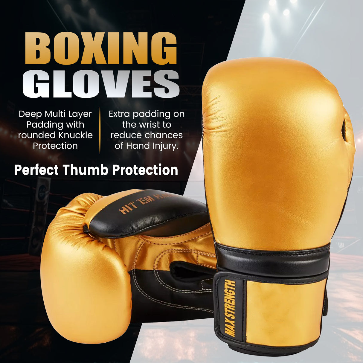 MAXSTRENGTH Boxing Gloves & Focus Pads with 4.5m Hand Wraps | Punch Mitt Set for Muay Thai, MMA, Kickboxing, Sparring Training (Golden series)