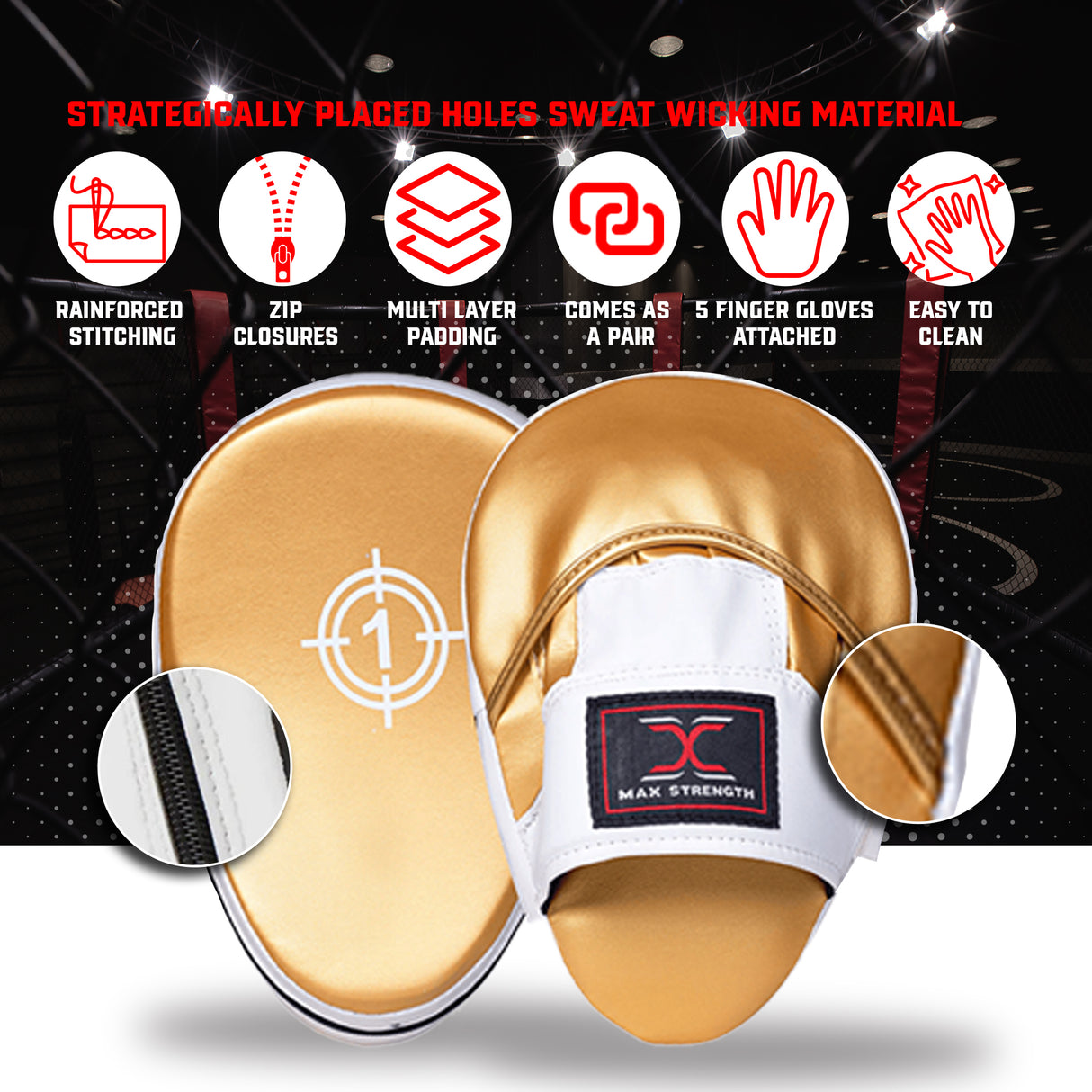 MAXSTRENGTH Boxing Gloves & Focus Pads with 4.5m Hand Wraps | Punch Mitt Set for Muay Thai, MMA, Kickboxing, Sparring Training (Golden series)