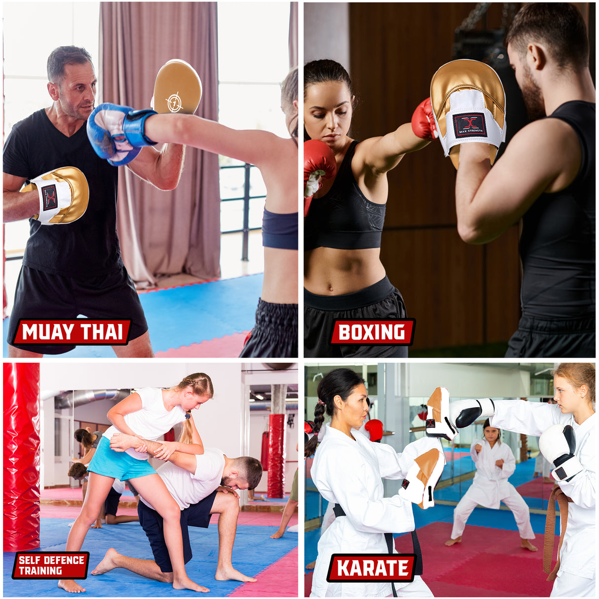 MAXSTRENGTH Boxing Gloves & Focus Pads with 4.5m Hand Wraps | Punch Mitt Set for Muay Thai, MMA, Kickboxing, Sparring Training (Golden series)