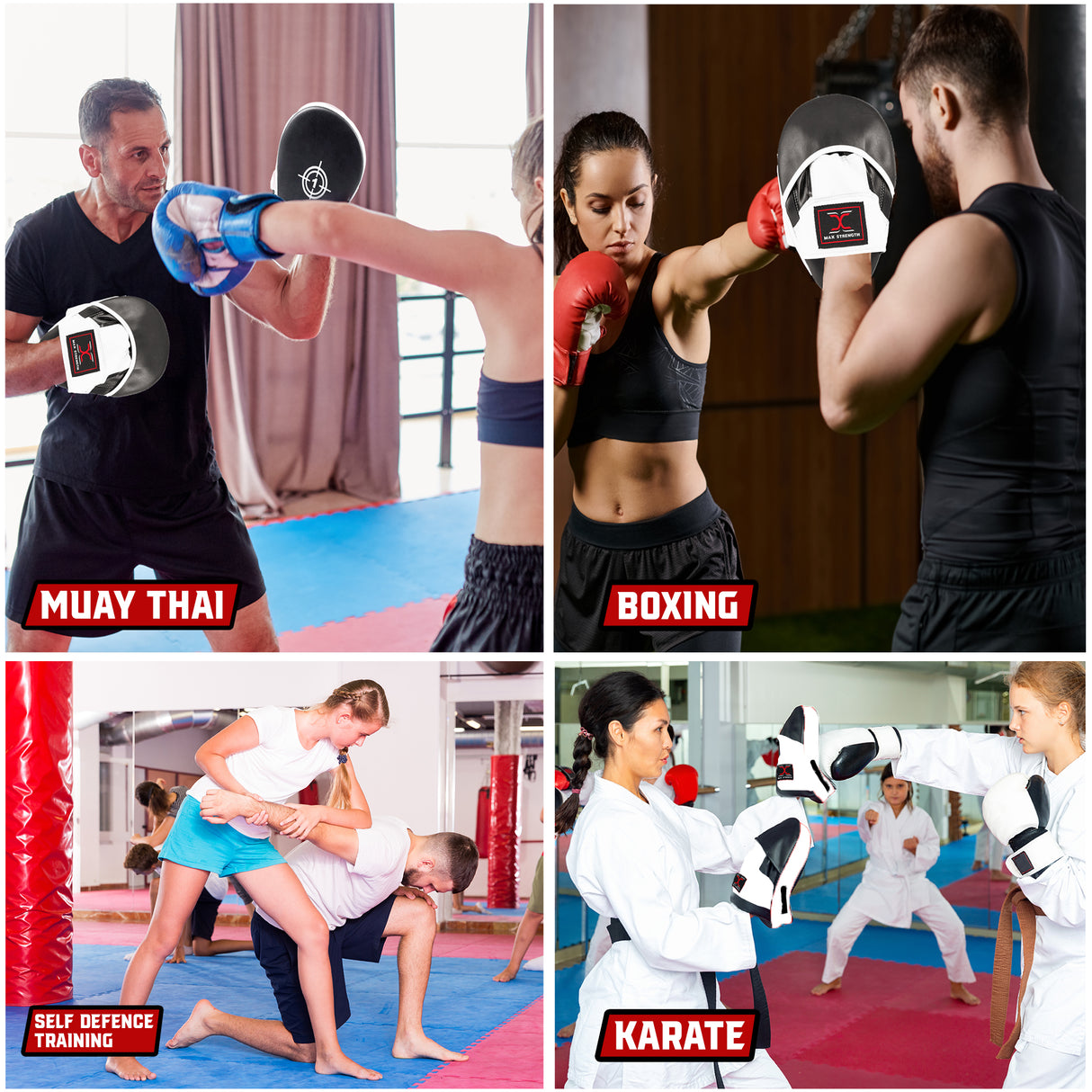 MAXSTRENGTH Boxing Gloves & Focus Pads with 4.5m Hand Wraps | Punch Mitt Set for Muay Thai, MMA, Kickboxing, Sparring Training (Black white series)
