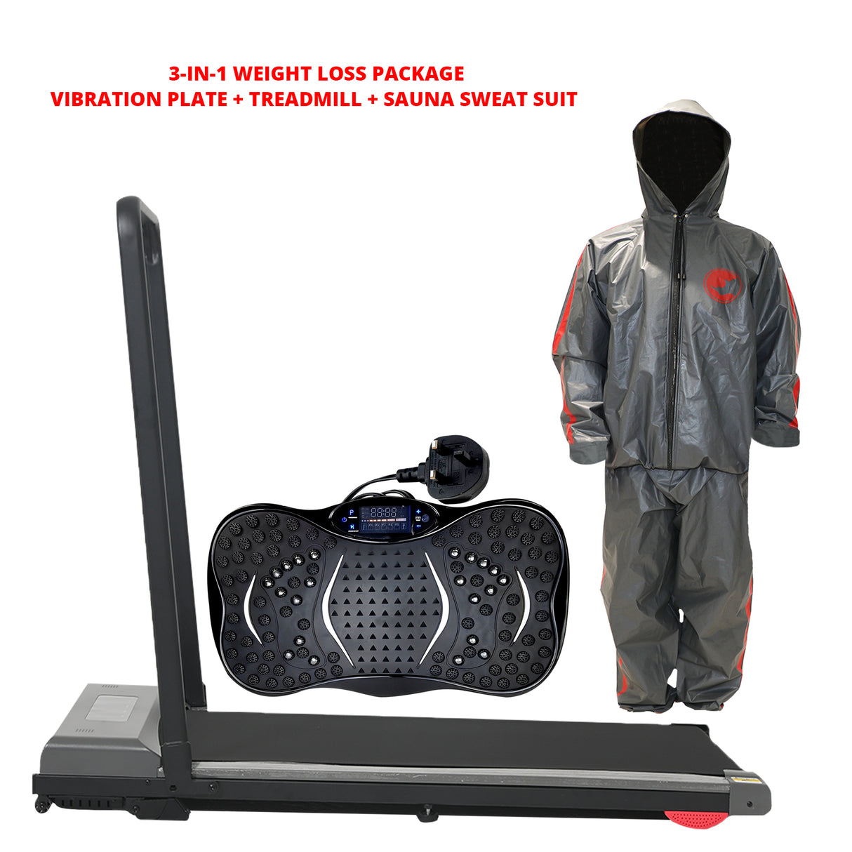 MAXSTRENGTH Complete Weight Loss Package – Vibration Plate + Treadmill + Sauna Sweat Suit (3-in-1 Fitness Set)