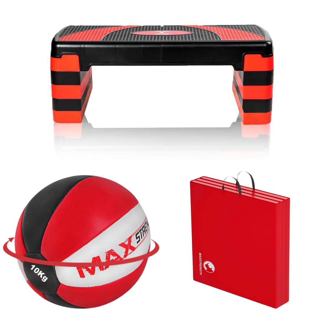 MAXSTRENGTH Fitness Dynamic Trio Bundle: Stepper, Slam Ball, & Tri Folding Yoga Mat