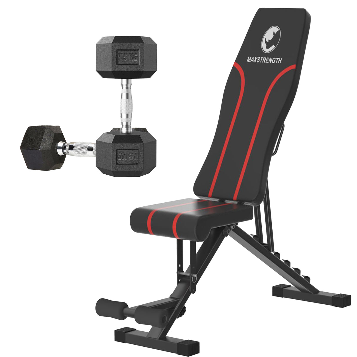 MaxStrength Foldable Adjustable Weight Bench + Hex Dumbbell Set (7.5kg / 10kg / 15kg Pair) Home Gym Strength Bundle