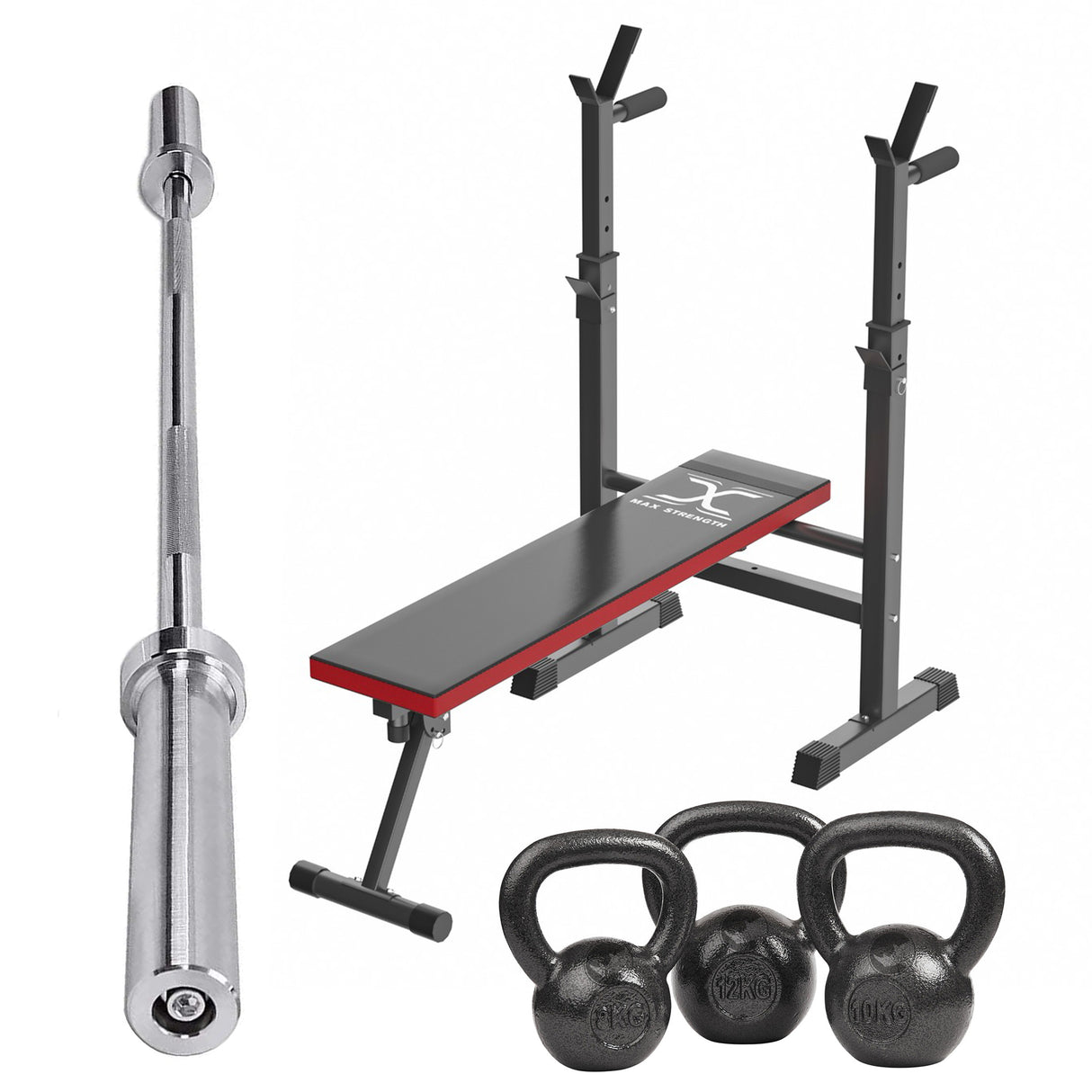 MAXSTRENGTH Ultimate Strength Training Bundle | Olympic Barbell Bar + Adjustable Weight Bench Rack + Kettlebell Set (8kg/10kg/12kg)