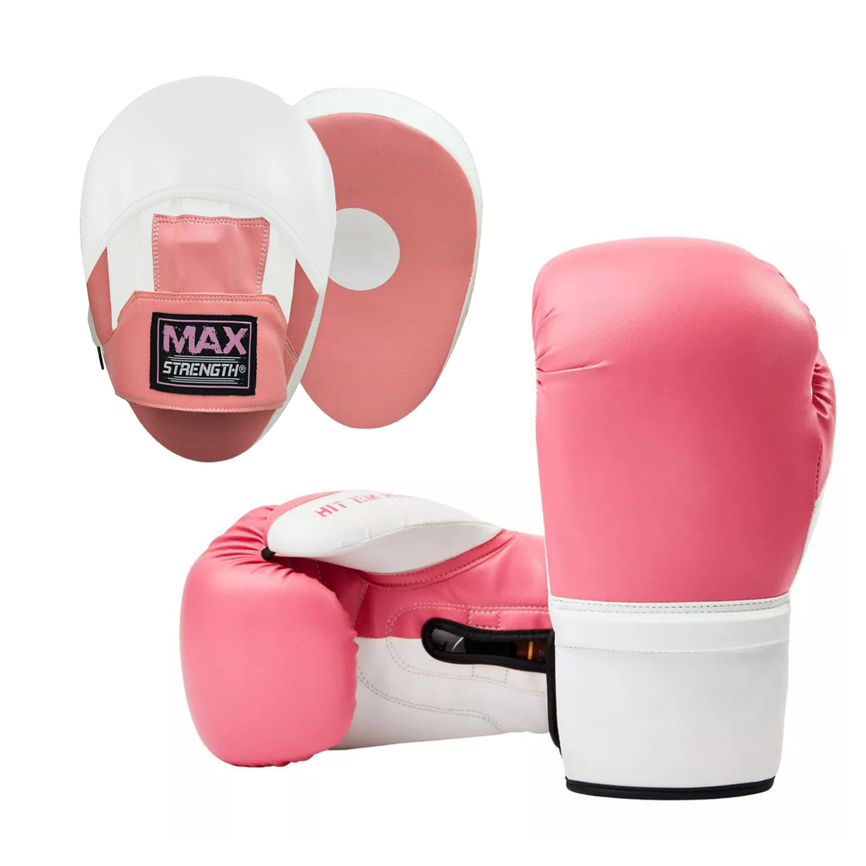 MAXSTRENGTH Women's Pink Boxing Training Bundle – 10oz/12oz Gloves + Focus Pads (Pink/White)