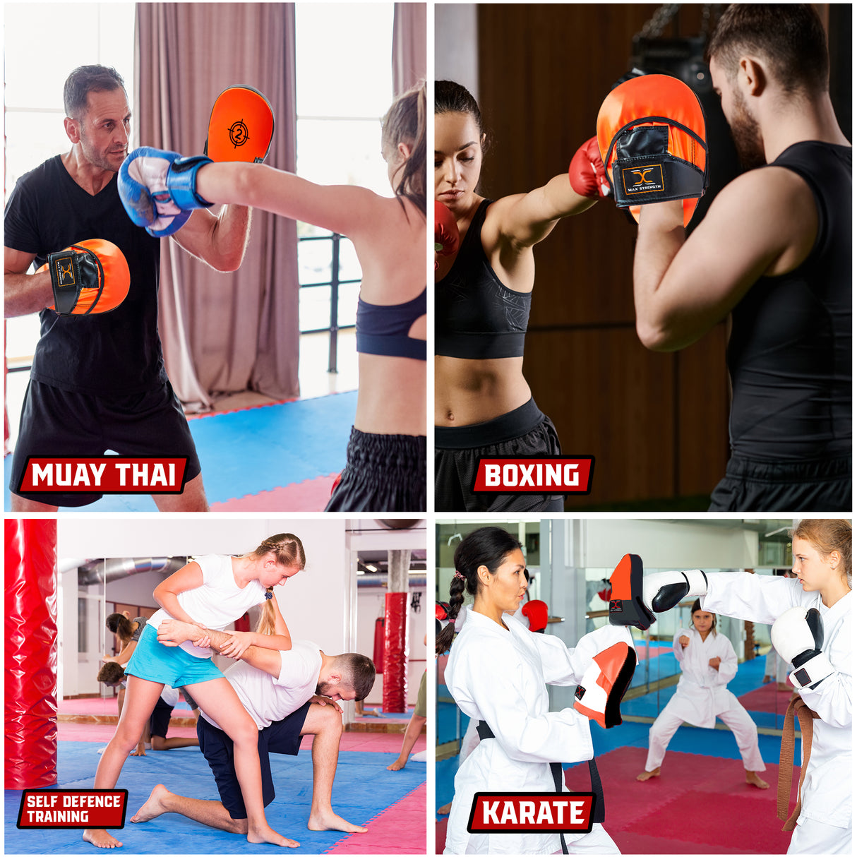MAXSTRENGTH Boxing Gloves & Focus Pads with 4.5m Hand Wraps | Punch Mitt Set for Muay Thai, MMA, Kickboxing, Sparring Training
