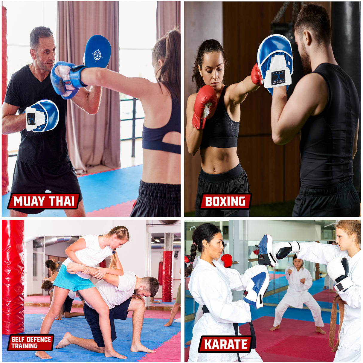 MAXSTRENGTH Boxing Gloves & Focus Pads with 4.5m Hand Wraps | Punch Mitt Set for Muay Thai, MMA, Kickboxing, Sparring Training (Blue Black series)