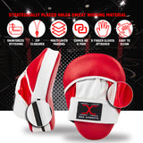 MAXSTRENGTH Boxing Gloves & Focus Pads with 4.5m Hand Wraps | Punch Mitt Set for Muay Thai, MMA, Kickboxing, Sparring Training (Red white black series)