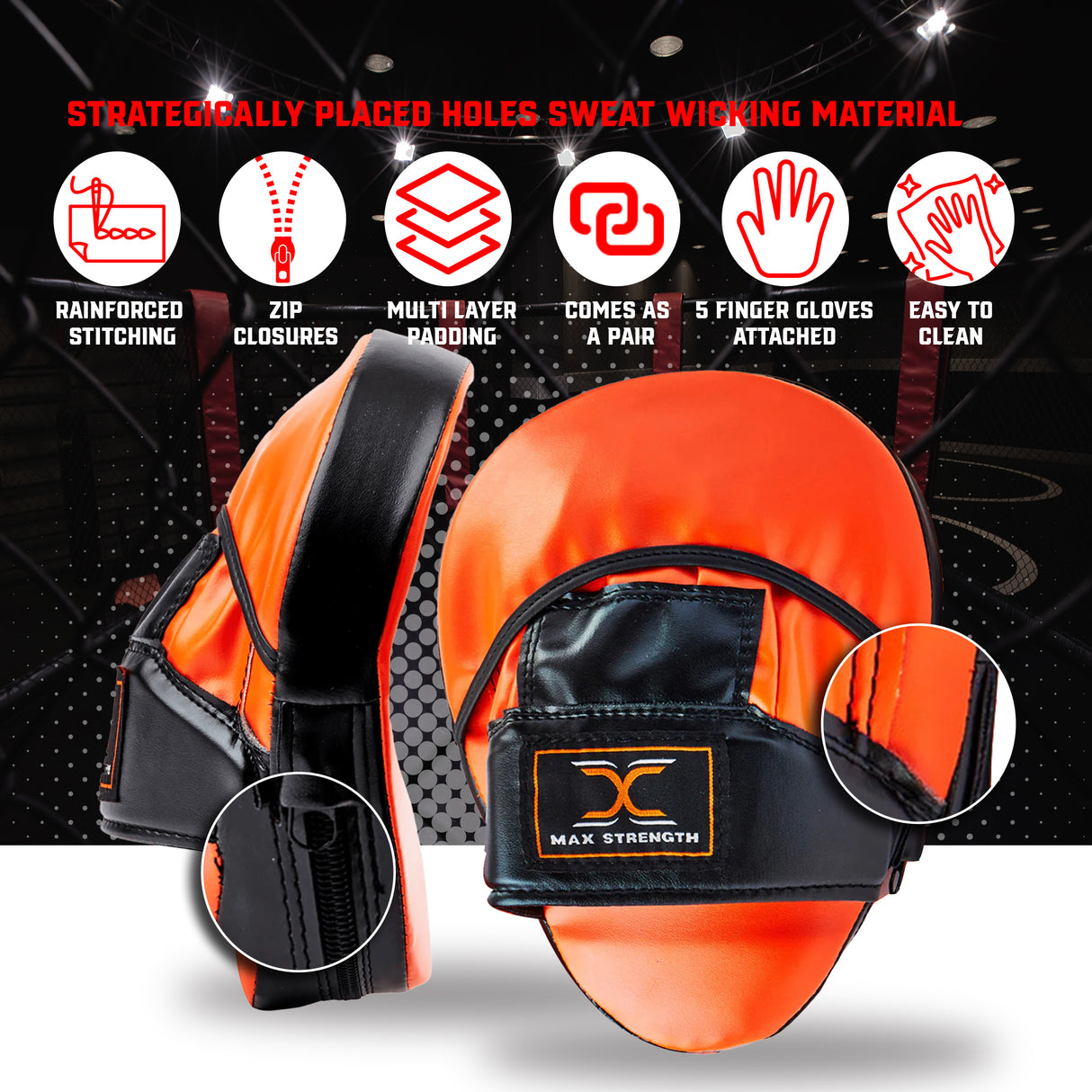 MAXSTRENGTH Boxing Gloves & Focus Pads with 4.5m Hand Wraps | Punch Mitt Set for Muay Thai, MMA, Kickboxing, Sparring Training