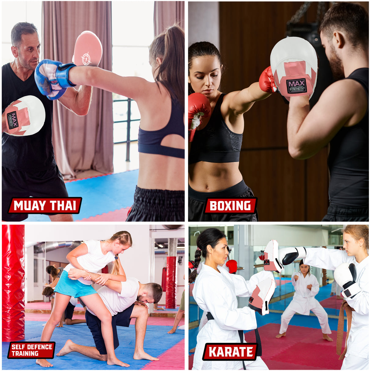 MAXSTRENGTH Boxing Gloves & Focus Pads with 4.5m Hand Wraps | Punch Mitt Set for Muay Thai, MMA, Kickboxing, Sparring Training (Pink white series)
