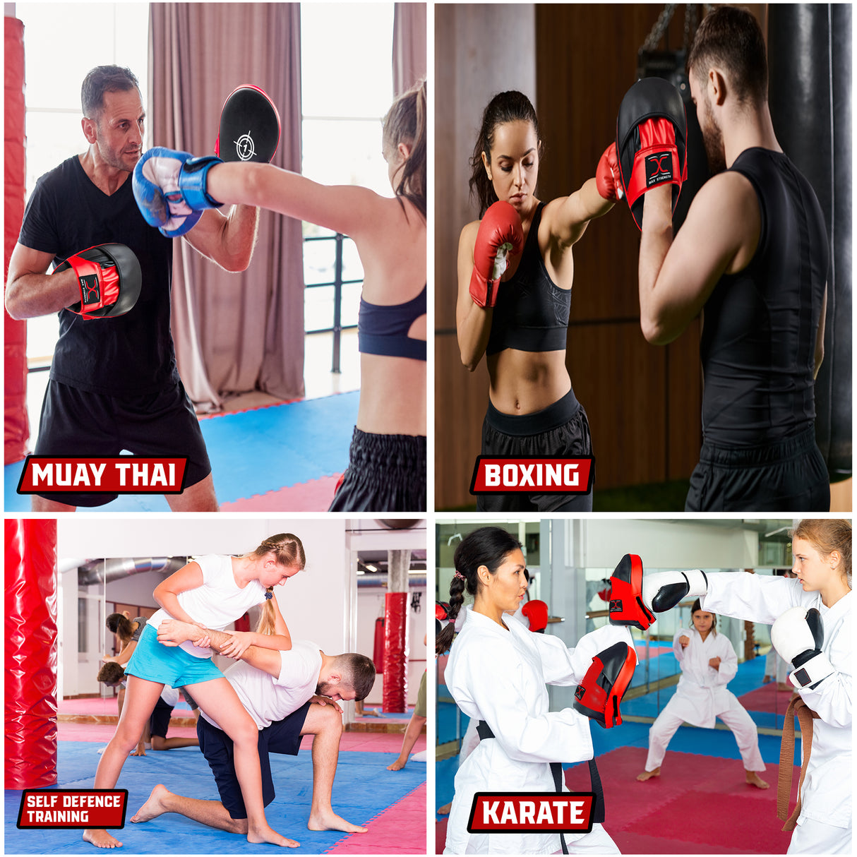 MAXSTRENGTH Boxing Gloves & Focus Pads with 4.5m Hand Wraps | Punch Mitt Set for Muay Thai, MMA, Kickboxing, Sparring Training (Red black series)