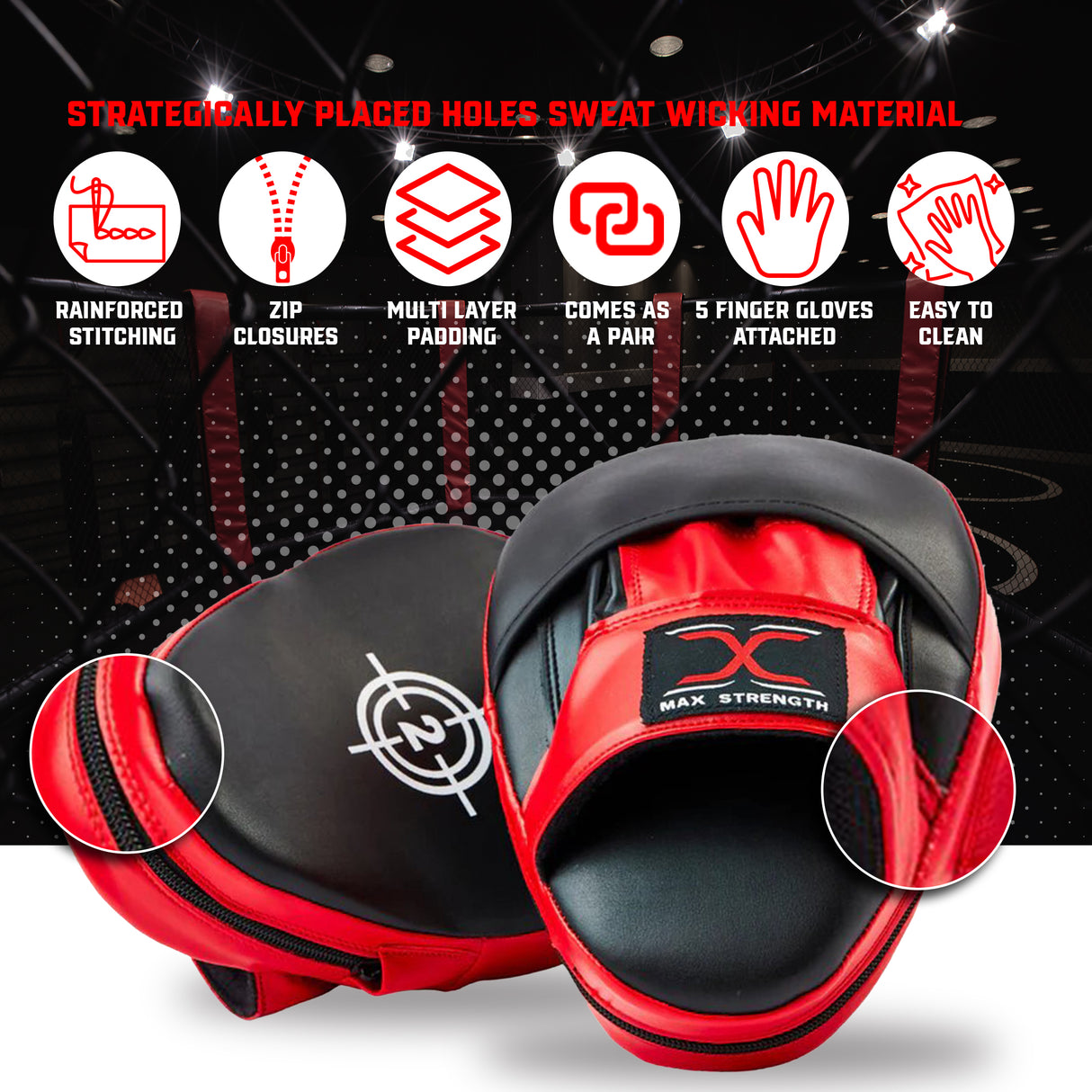MAXSTRENGTH Boxing Gloves & Focus Pads with 4.5m Hand Wraps | Punch Mitt Set for Muay Thai, MMA, Kickboxing, Sparring Training (Red black series)