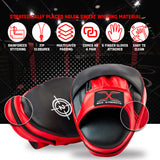 MAXSTRENGTH Boxing Gloves & Focus Pads with 4.5m Hand Wraps | Punch Mitt Set for Muay Thai, MMA, Kickboxing, Sparring Training (Red black series)