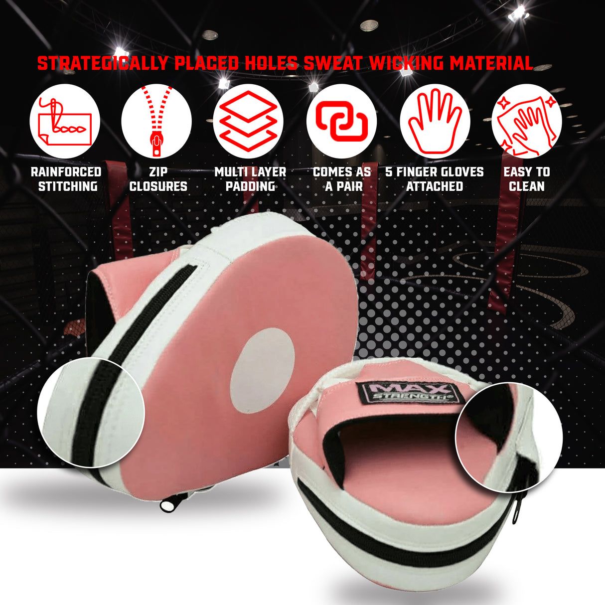 MAXSTRENGTH Boxing Gloves & Focus Pads with 4.5m Hand Wraps | Punch Mitt Set for Muay Thai, MMA, Kickboxing, Sparring Training (Pink white series)