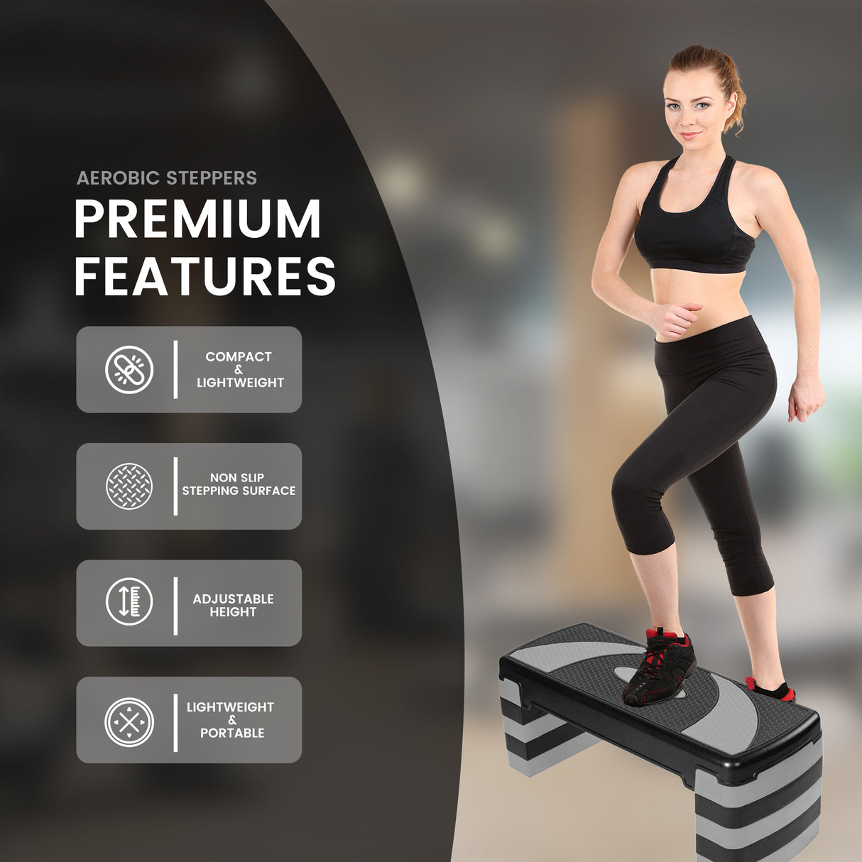 MAXSTRENGTH Adjustable Aerobic Stepper – 5 Level Fitness Step (Grey/Black)