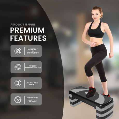 MAXSTRENGTH Adjustable Aerobic Stepper – 5 Level Fitness Step (Grey/Black)