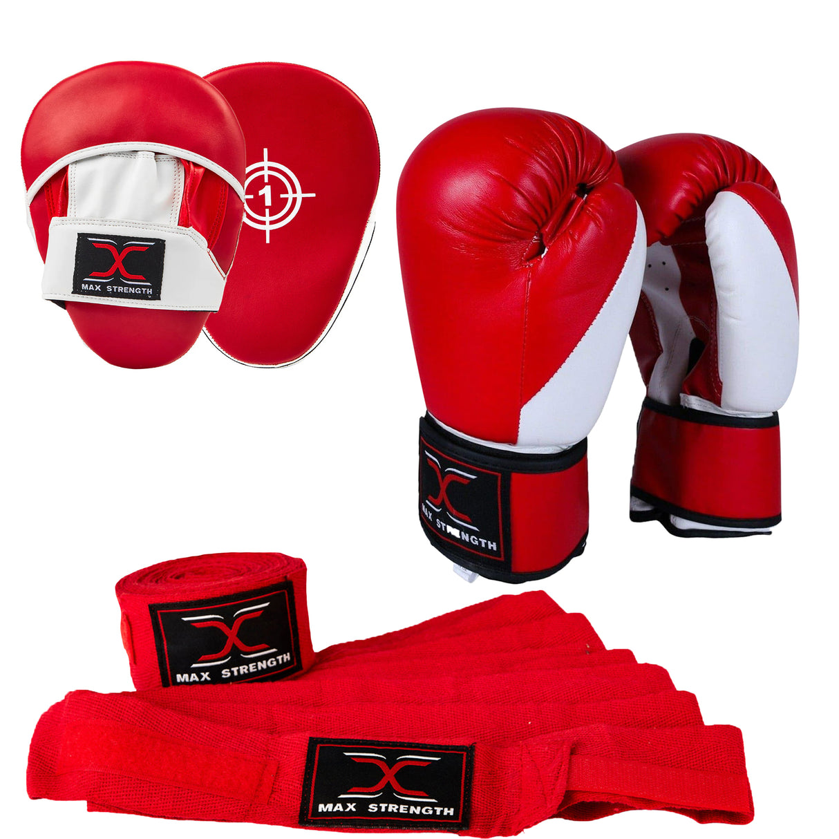 MAXSTRENGTH Boxing Gloves & Focus Pads with 4.5m Hand Wraps | Punch Mitt Set for Muay Thai, MMA, Kickboxing, Sparring Training (Red white black series)