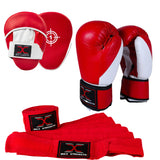 MAXSTRENGTH Boxing Gloves & Focus Pads with 4.5m Hand Wraps | Punch Mitt Set for Muay Thai, MMA, Kickboxing, Sparring Training (Red white black series)