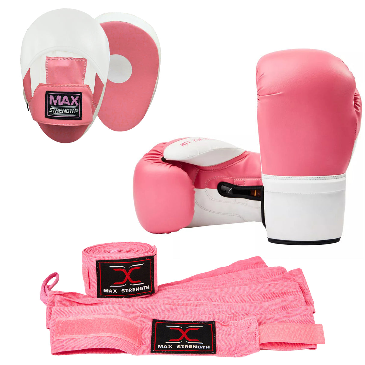 MAXSTRENGTH Boxing Gloves & Focus Pads with 4.5m Hand Wraps | Punch Mitt Set for Muay Thai, MMA, Kickboxing, Sparring Training (Pink white series)