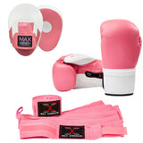 MAXSTRENGTH Boxing Gloves & Focus Pads with 4.5m Hand Wraps | Punch Mitt Set for Muay Thai, MMA, Kickboxing, Sparring Training (Pink white series)