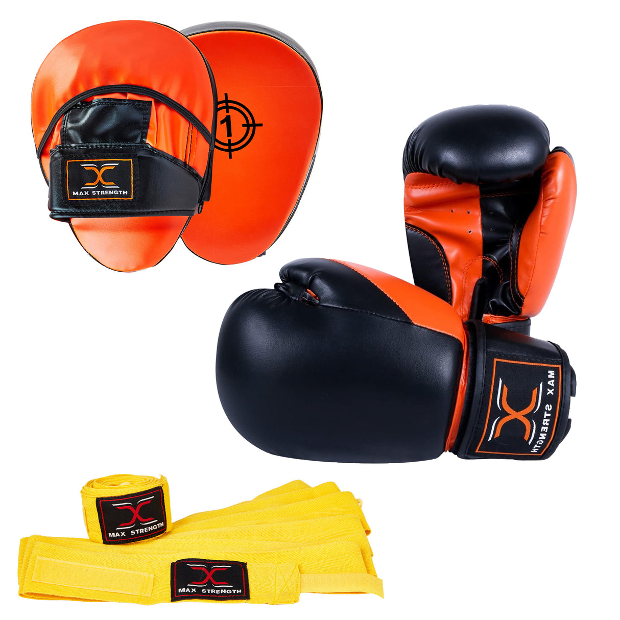 MAXSTRENGTH Boxing Gloves & Focus Pads with 4.5m Hand Wraps | Punch Mitt Set for Muay Thai, MMA, Kickboxing, Sparring Training