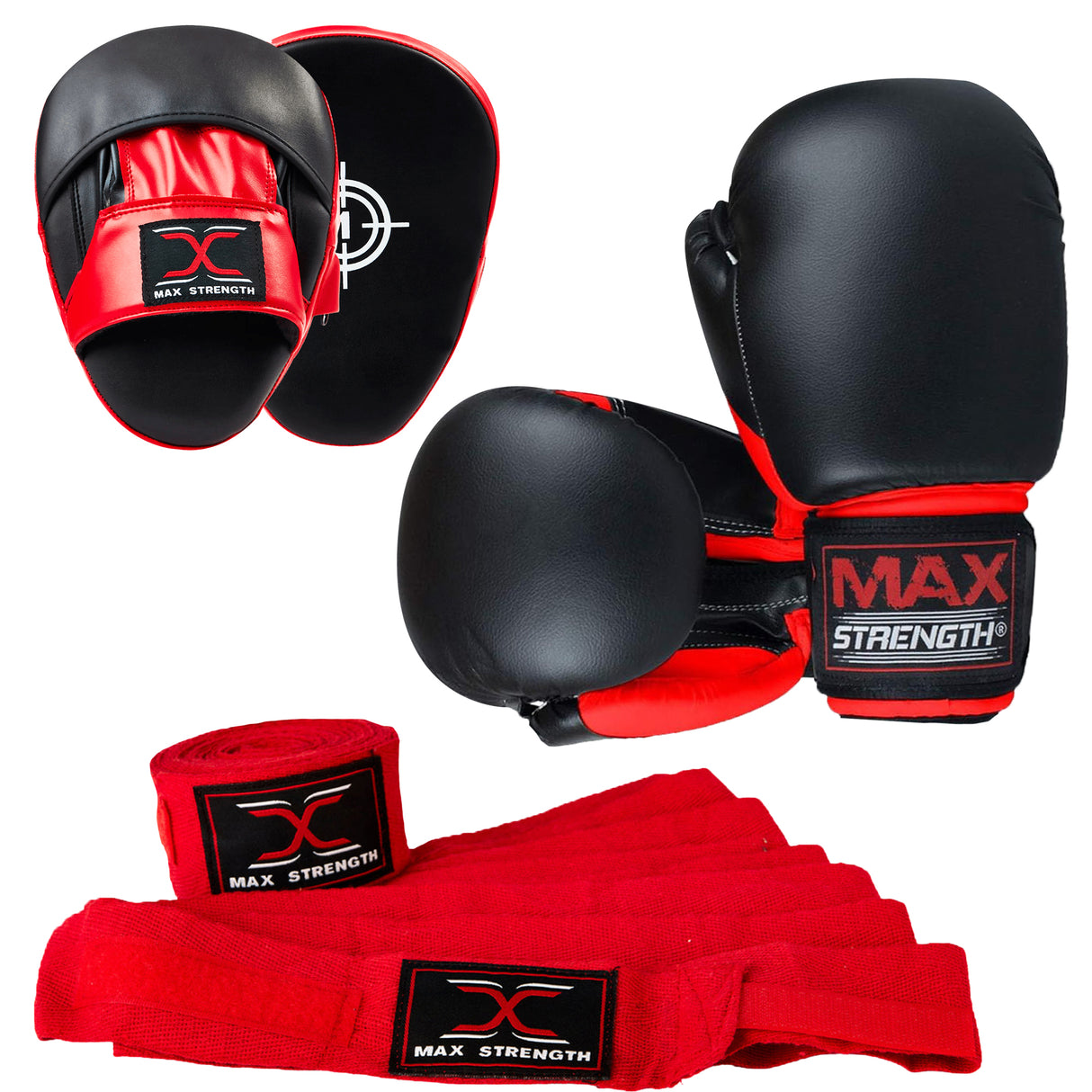 MAXSTRENGTH Boxing Gloves & Focus Pads with 4.5m Hand Wraps | Punch Mitt Set for Muay Thai, MMA, Kickboxing, Sparring Training (Red black series)