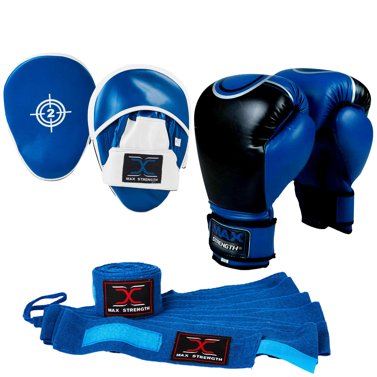 MAXSTRENGTH Boxing Gloves & Focus Pads with 4.5m Hand Wraps | Punch Mitt Set for Muay Thai, MMA, Kickboxing, Sparring Training (Blue Black series)