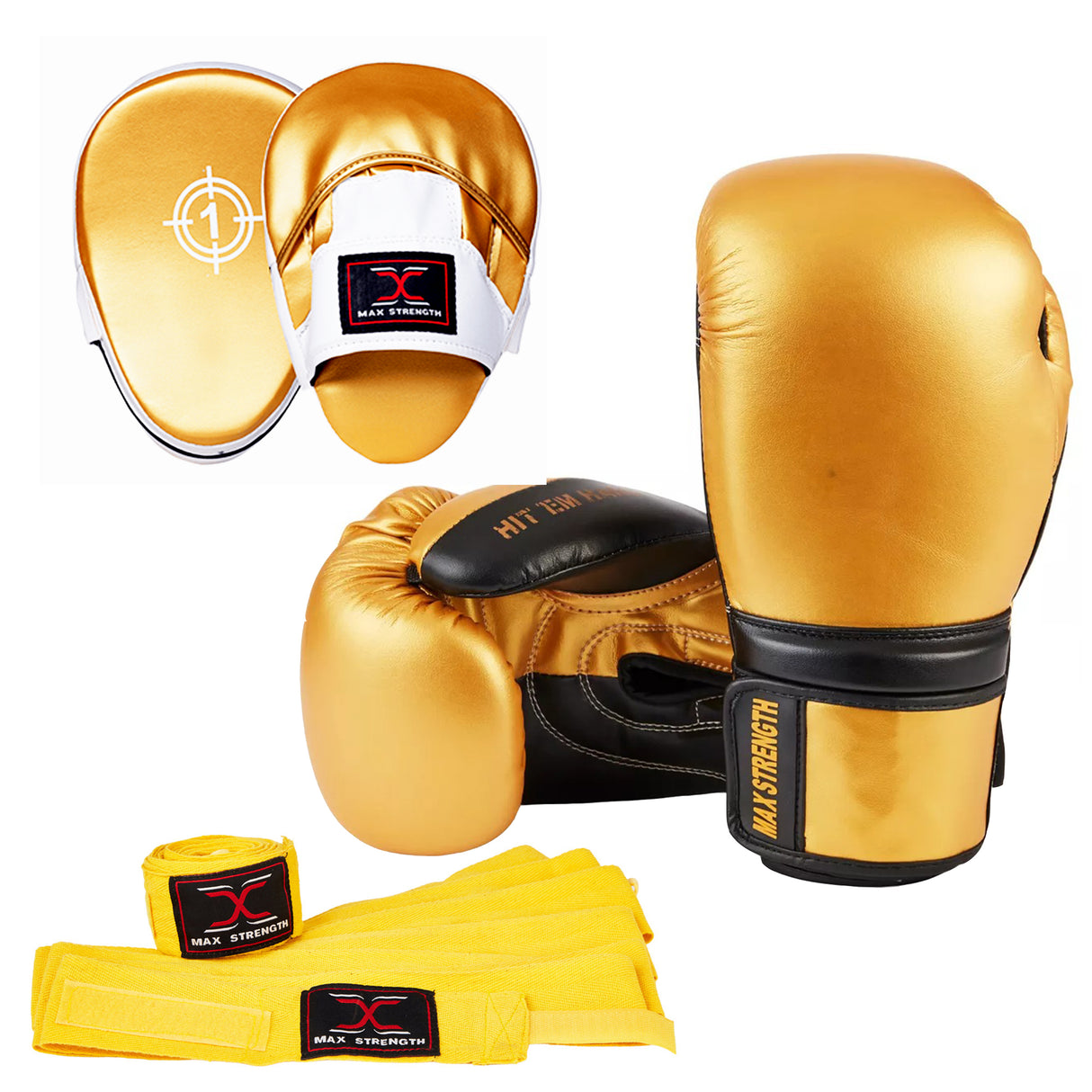 MAXSTRENGTH Boxing Gloves & Focus Pads with 4.5m Hand Wraps | Punch Mitt Set for Muay Thai, MMA, Kickboxing, Sparring Training (Golden series)
