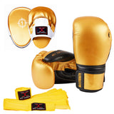 MAXSTRENGTH Boxing Gloves & Focus Pads with 4.5m Hand Wraps | Punch Mitt Set for Muay Thai, MMA, Kickboxing, Sparring Training (Golden series)