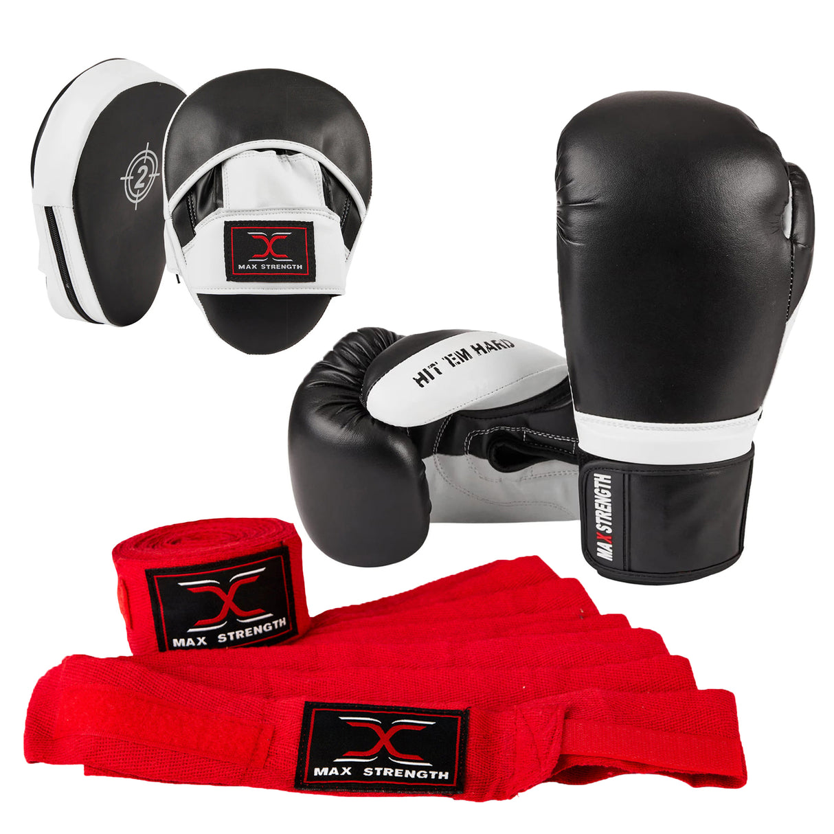 MAXSTRENGTH Boxing Gloves & Focus Pads with 4.5m Hand Wraps | Punch Mitt Set for Muay Thai, MMA, Kickboxing, Sparring Training (Black white series)