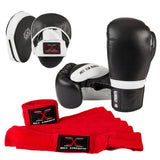 MAXSTRENGTH Boxing Gloves & Focus Pads with 4.5m Hand Wraps | Punch Mitt Set for Muay Thai, MMA, Kickboxing, Sparring Training (Black white series)
