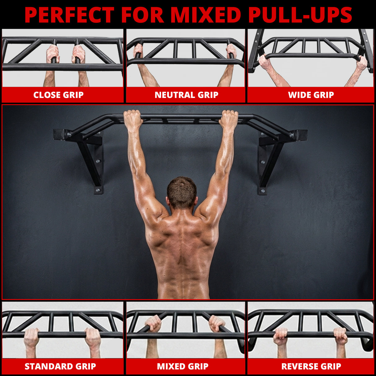 MAXSTRENGTH Pull Up Chin Up Bar Bracket Wall Mounted Multi Grip